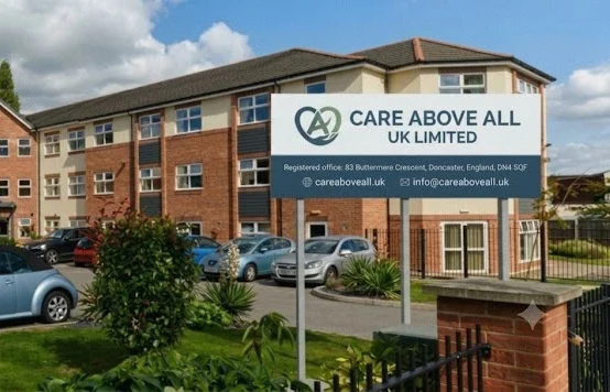 The front of the Care Above All UK Limited building with the company sign